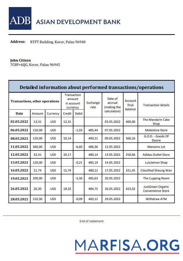 Printable Palau ADB bank statement excel sample